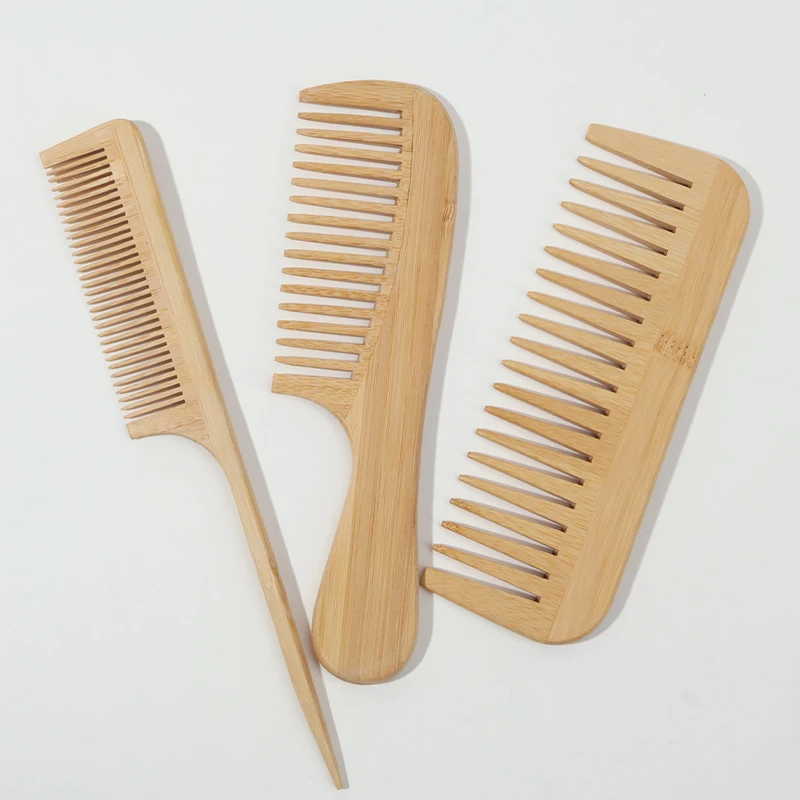 3pcs Natural Handmade Bamboo Comb Set, Anti-static - Wide, Rat Tail, and Fine Tooth Styles - Suitable for All Hair Types.