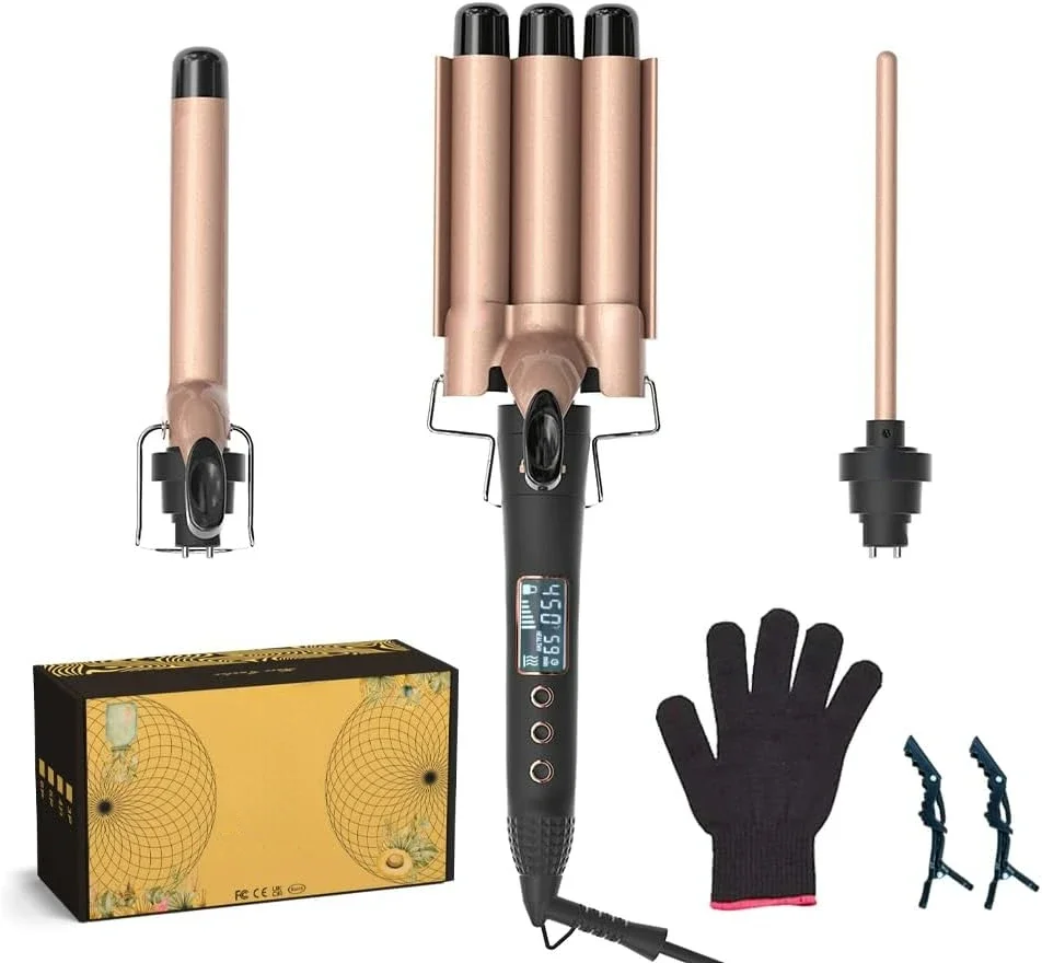 

5 in 1 Hair Curling Wand Set - Fast Heating Ceramic Curler with Long Barrel, Professional 3 Barrel Hair Crimper - Create Beautif