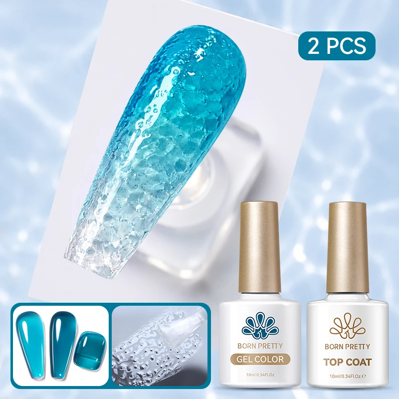 BORN PRETTY 2-teiliges Sommer-Set mit Transparentem Nagelgel und Wasserwellen-Top-Coat, Ohne Abwischen, Abziehbarer Jelly-Gel-Lack
