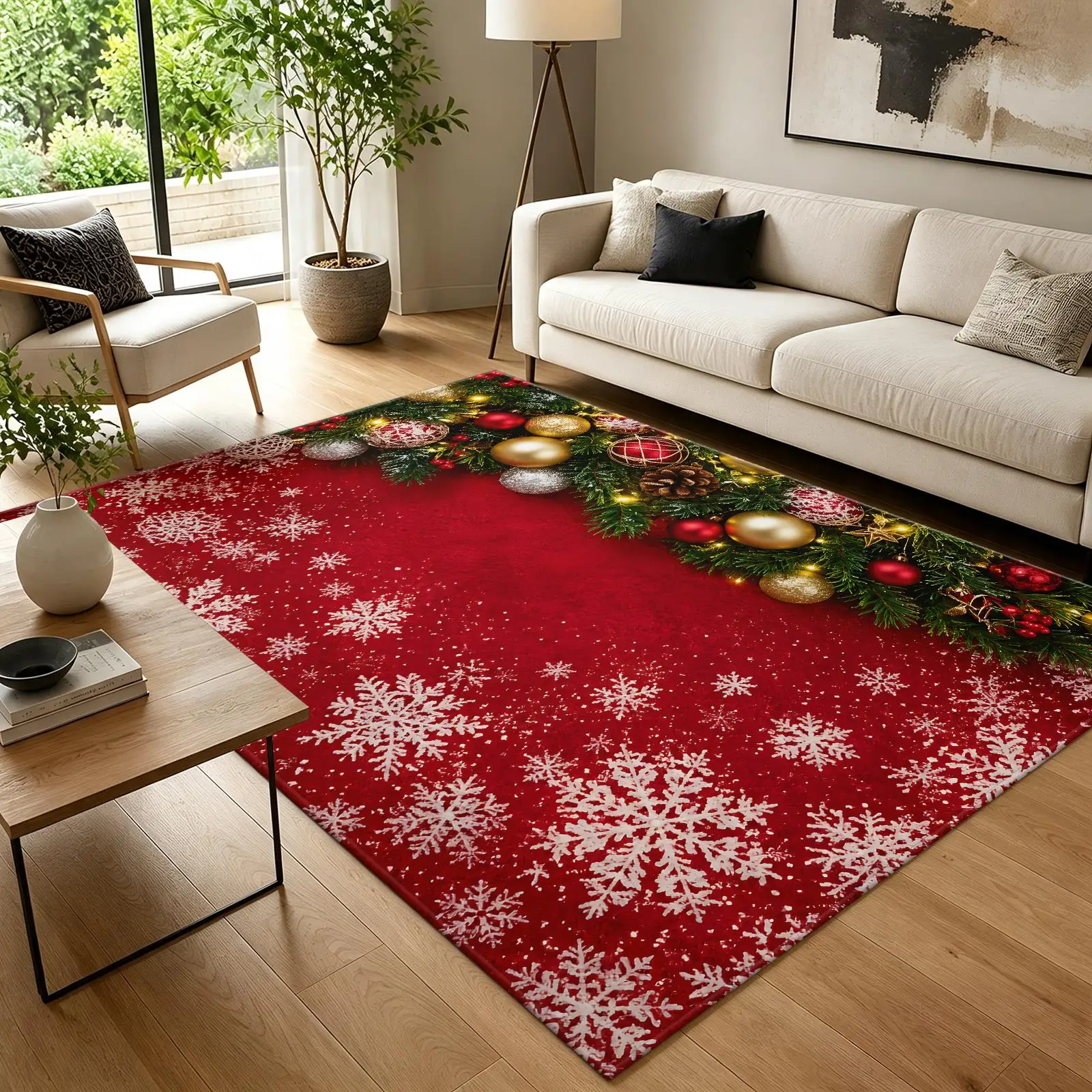 1pc 2D Flat Christmas Snowflake Bauble Pine Garland Printed Floor Mat, Decorative Rug for Living Room, Bedroom, Home