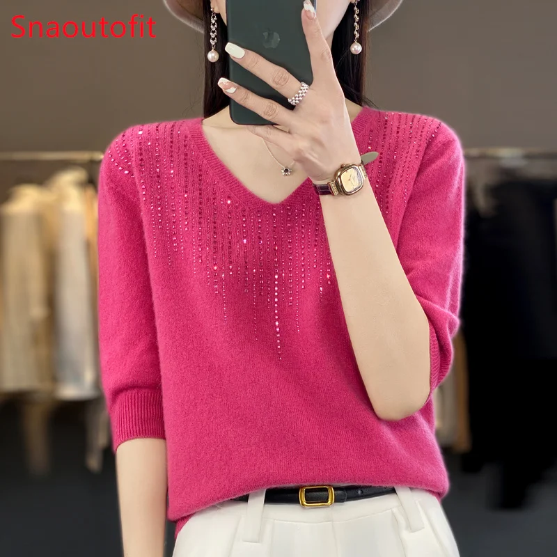 Spring and Summer O/V-neck Diamond Insert Merino Wool Knit Sweater Women\'s Chic Loose Jumper High Stretch Cashmere Pullover Tops