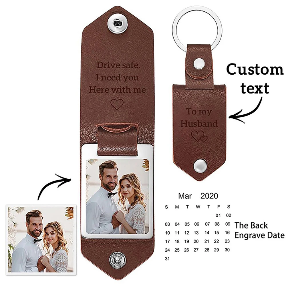 

Personalized Date Keychain with Photo Calendar - Custom Photo Couple Leather Keychain Engraved Calendar Keyring Valentine's Gift