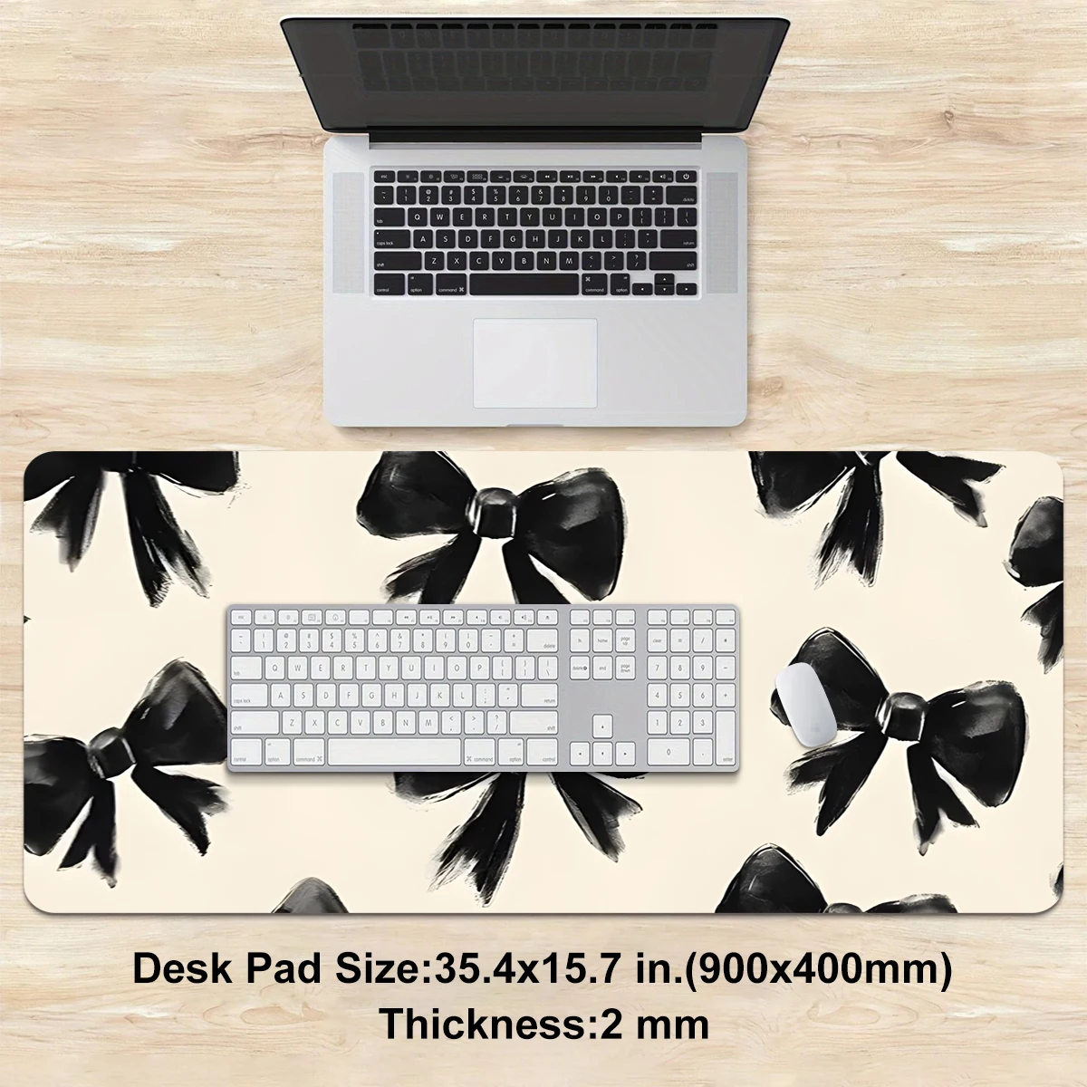 Tappetino per mouse chic con motivo fiocco nero da 1 pezzo: superficie in tessuto liscio e durevole antiscivolo |   Elegante arredamento da scrivania alla moda per l'ufficio e la casa