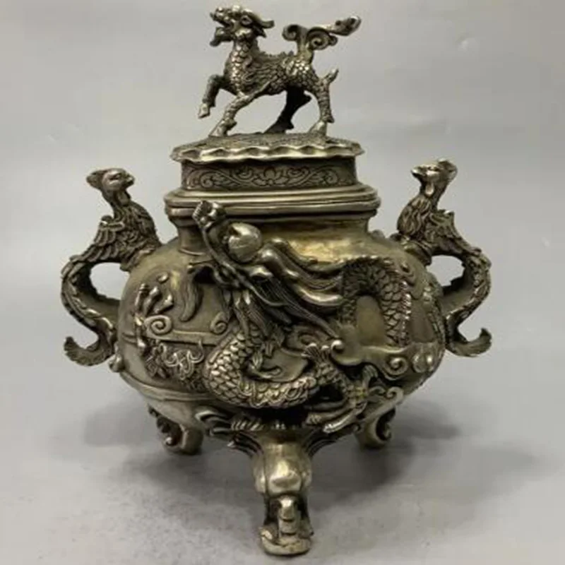 

China White copper archaize dragon phoenix Incense burner crafts statue