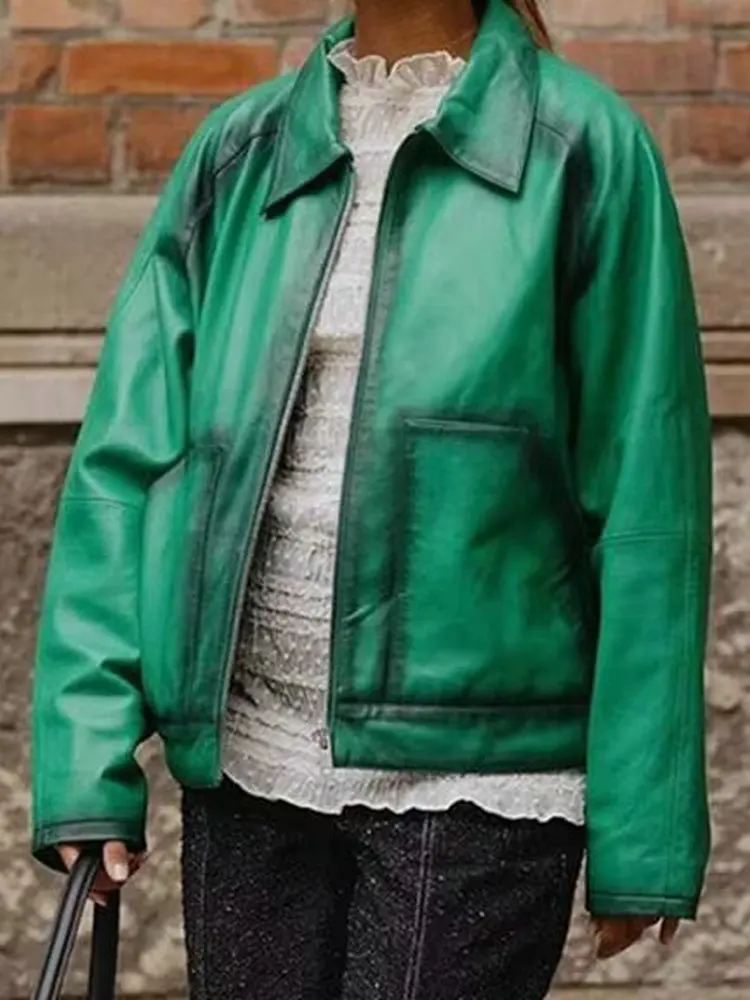 

2025 New Autumn Winter Women's American Retro Loose Green Faux Leather Jackets Lady High Street Long Sleeve Zipper Pockets Coats