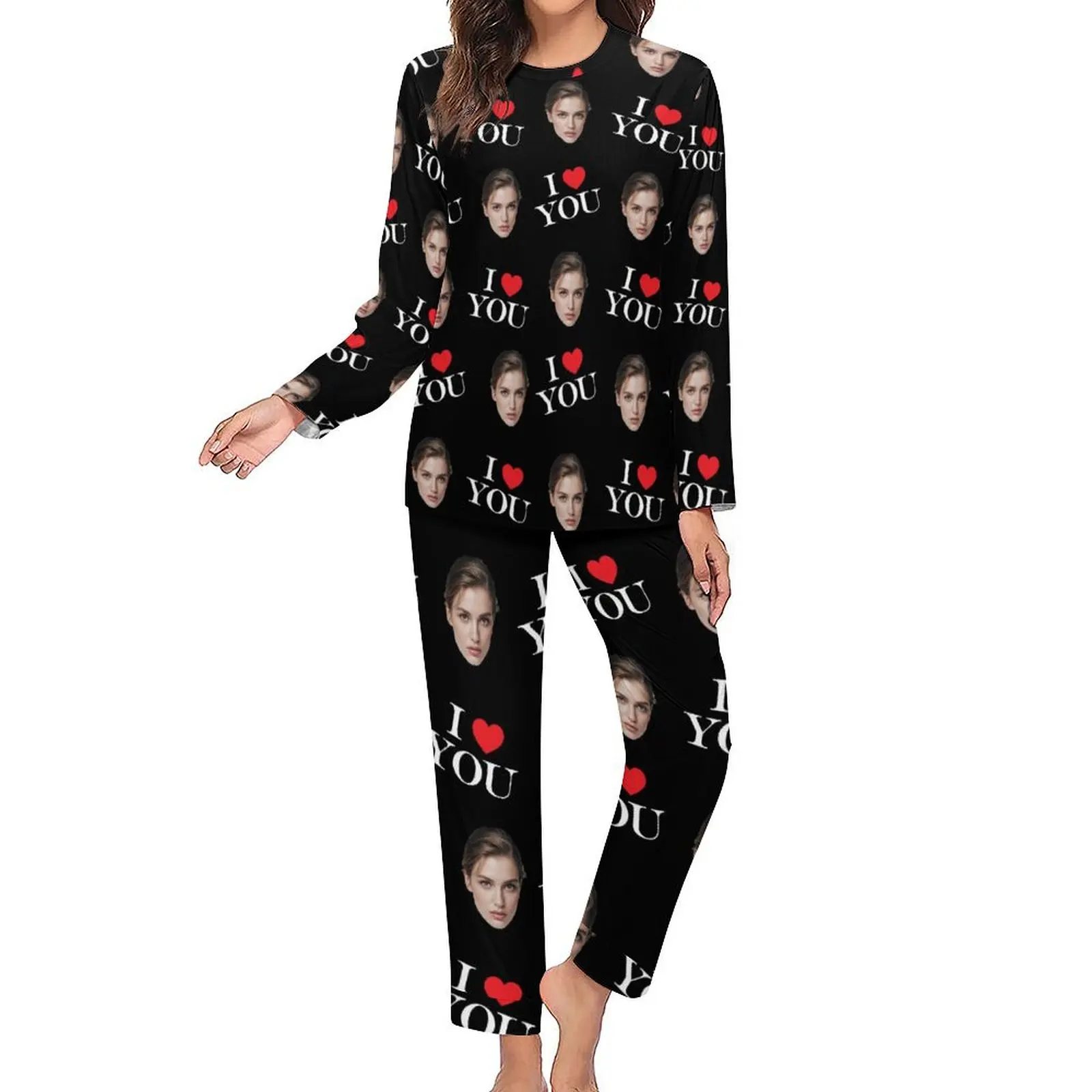 カスタム女性用パジャマ、顔付きホームウェア、カスタム女性用長袖パジャマセット、パーソナライズされたギフト、家族、カップル、ペット用