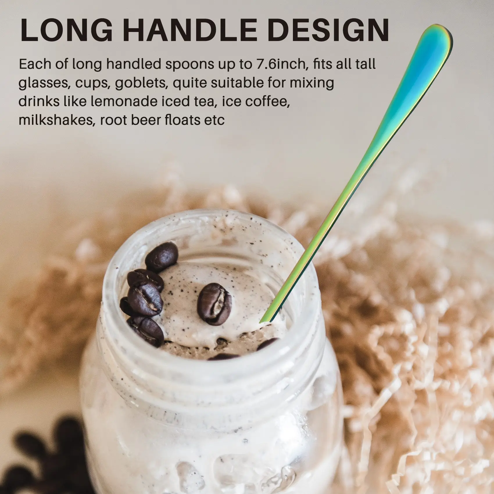A27F-Coffee Teaspoons, Set Of 6 Rainbow Color Coffee Spoon Long-Handle Ice Cream Desert Spoon Cocktail Stir Spoons Mixing Spoon,