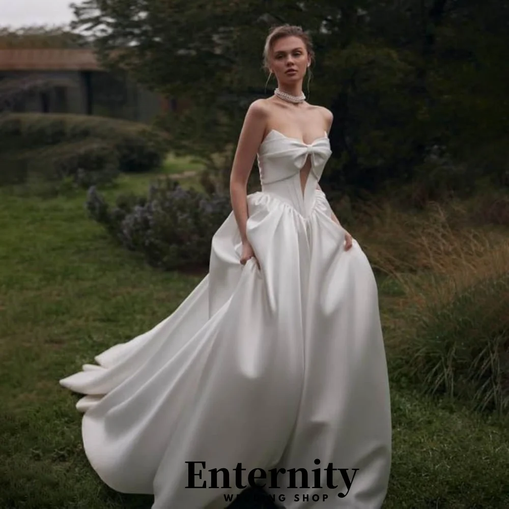 Suknia ślubna z satyny z dekoltem w łódkę, urocza suknia ślubna zapinana na zamek, elegancka suknia ślubna bez rękawów z kokardą, vestido de novia