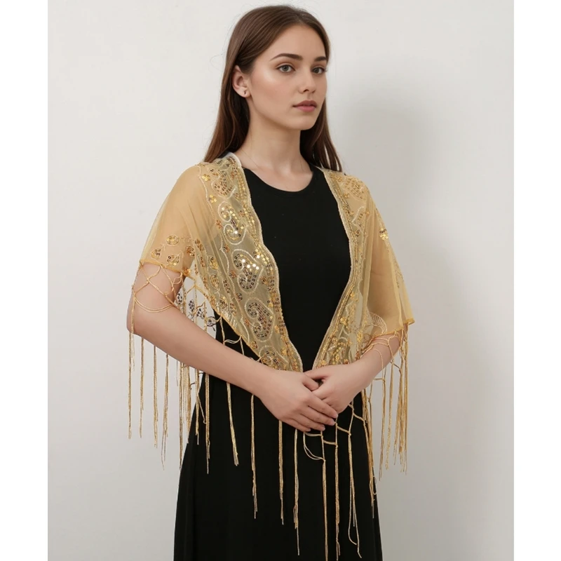 Women Elegant Glittering Party Poncho Embellished Tulle Evening Wrap Shawl Stylish Sequined Peacocks Tassels Mesh Bridal Shawl