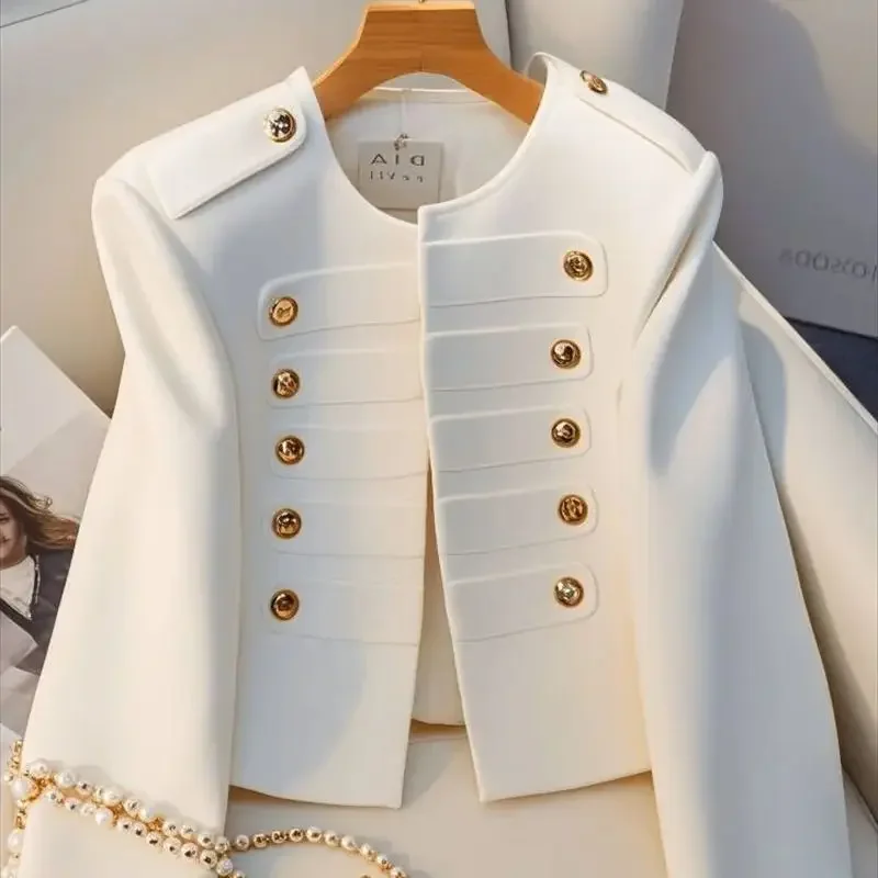 Korean Fashion Double Breasted Women Jacket Elegant Solid Color O-neck Long Sleeved Outerwears for Women Office Lady Short Coats
