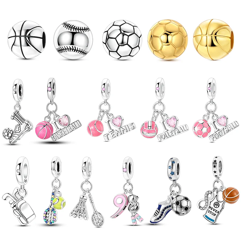 

Sports Series Charms Beads 925 Sterling Silver Football Tennis Basketball Badminton Dangle Fit Original Bracelet Women Jewelry