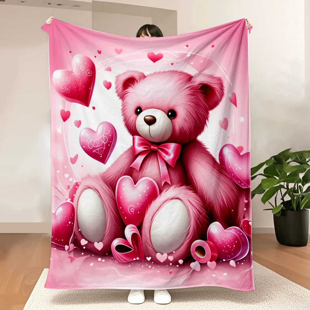 1PC pink teddy bear and heart print blanket-made of soft fluffy flannel, perfect for the sofa or bed. Ideal for comfortable home
