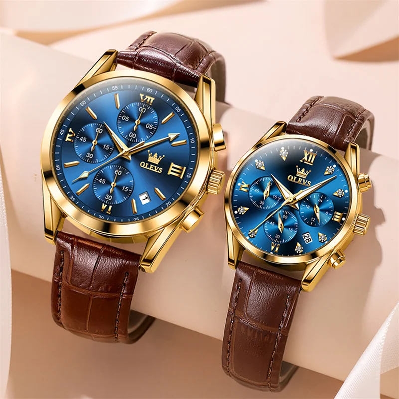 OLEVS Lover Watches Top Brand Luxury Couple Quartz Watch Waterproof Leather Watch Strap Watch for Women and Men Couple Gift