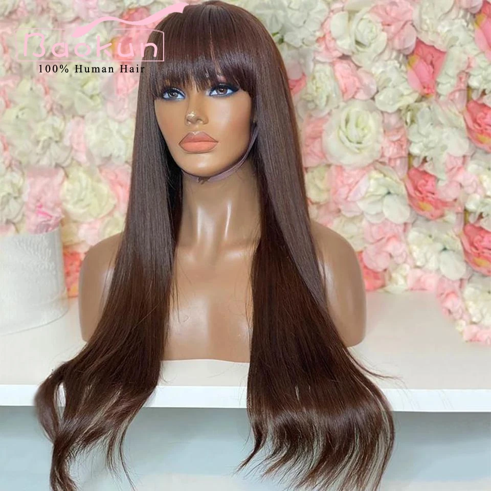 13x4 360 Brown Lace Front Human Hair Wigs Transparent 13x6 HD Lace Frontal Wig With Bangs Glueless Bone Straight Human Hair Wigs