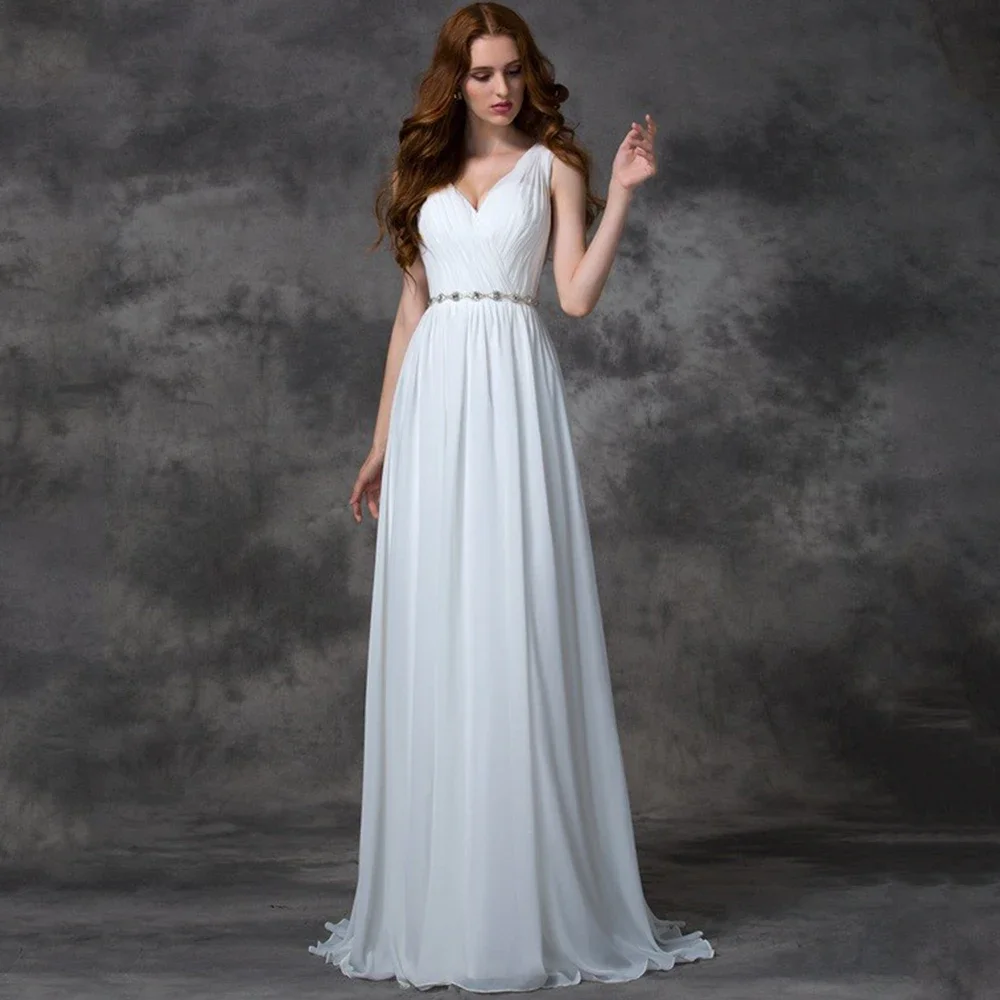 Classic V-Neck Chiffon Wedding Dress Sleeveless Pleat A-Line Floor Length Boho Bridal Backless Zipper Sweep Train Beach Gowns