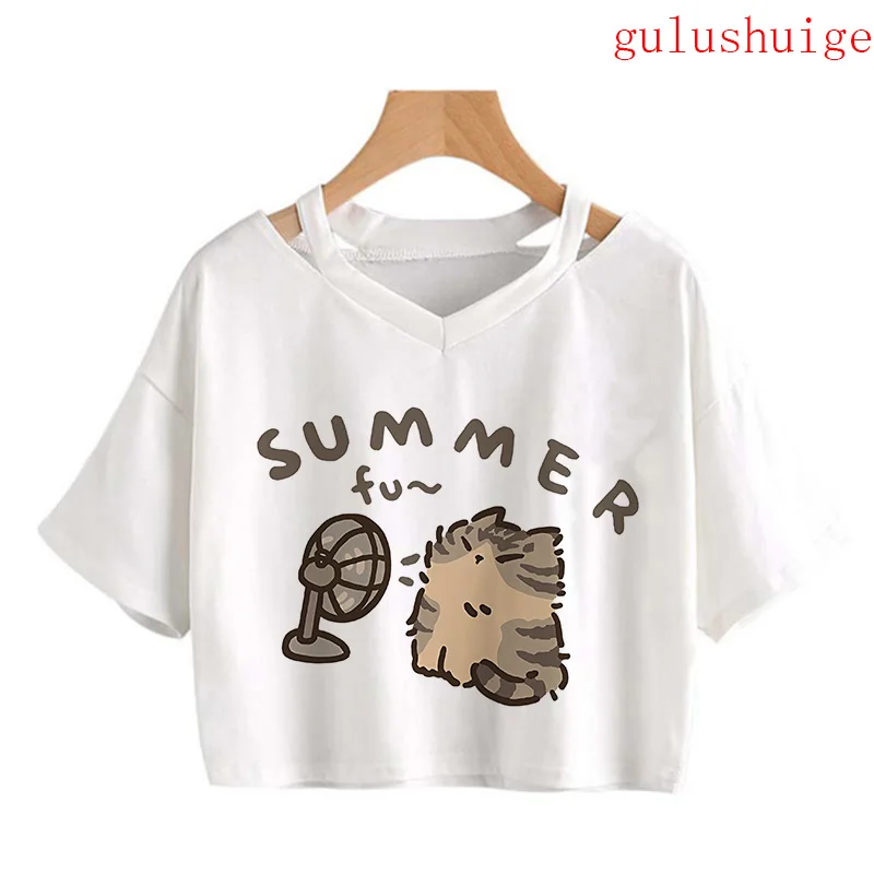 Y2k Crop Top Funny Cute Cat T Shirt Women Shirt Cropped Harajuku Graphic Ulzzang T-shirt 90s Tshirt Top Tee Female Gothic