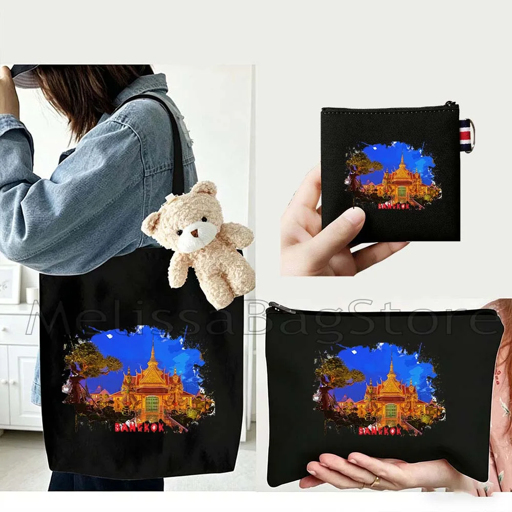 4PCS Gifts Set Bangkok Thailand Black Canvas Tote Bag Handbag with Doll Key Coin Purse Cosmetic Makeup Toilet Bag Case Pouch