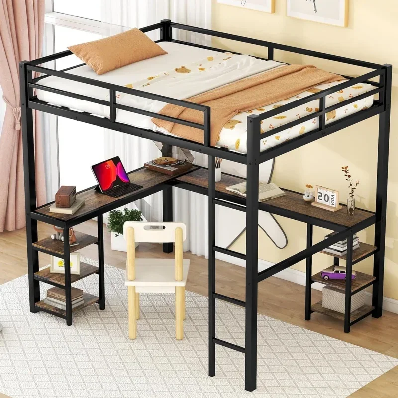 Bellewave full size loft bed with L shaped desk, metal frame loft bed full with storage shelves, heavy duty metal loft bed for k