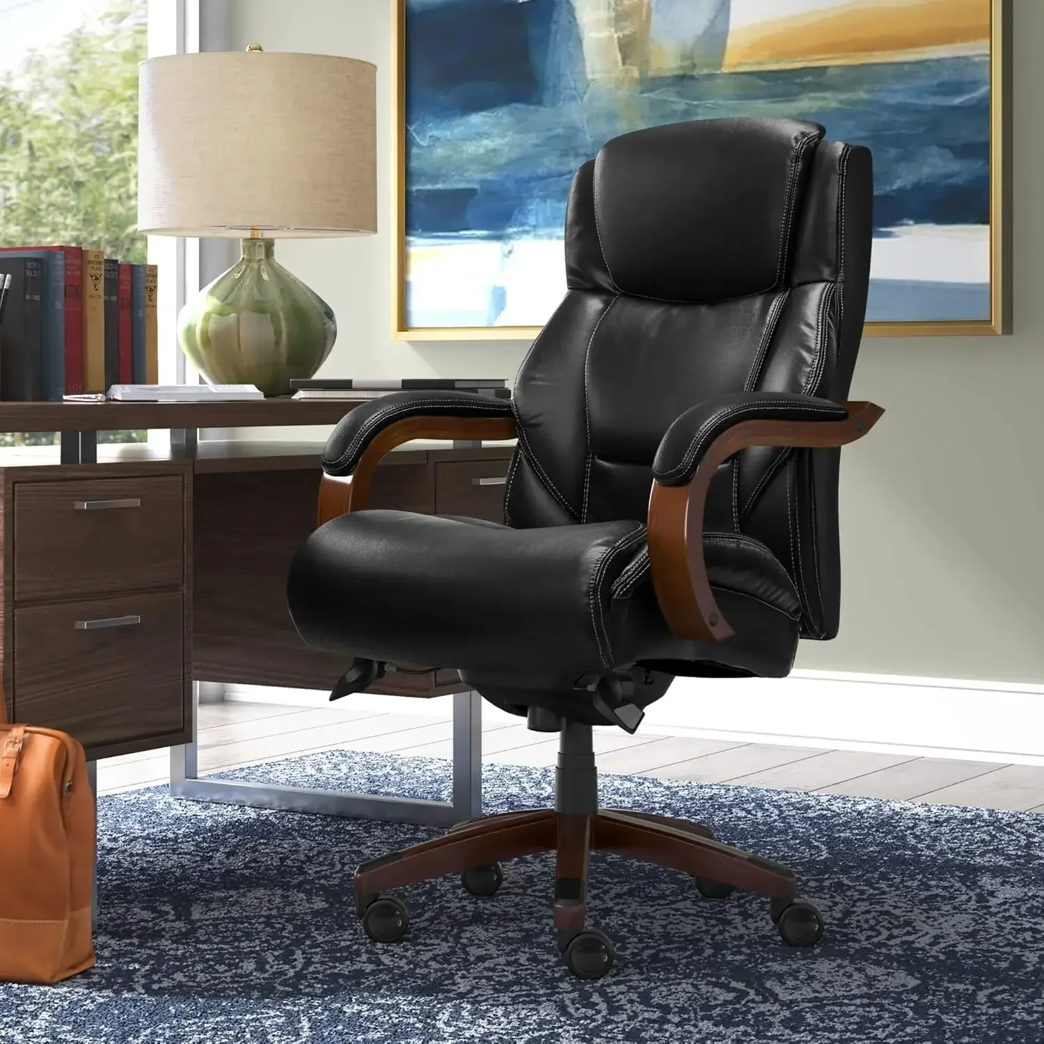 La-Z-Boy Delano Big & Tall Executive Office Chair, High Back Ergonomic Lumbar Support, Bonded Leather, Black with Mahogany Wood