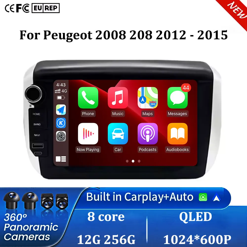 Reproductor Multimedia con Pantalla para Auto, Android Auto, Carplay, Radio Estéreo para Auto, Android 16 para Peugeot 2008 208 2012 - 2015