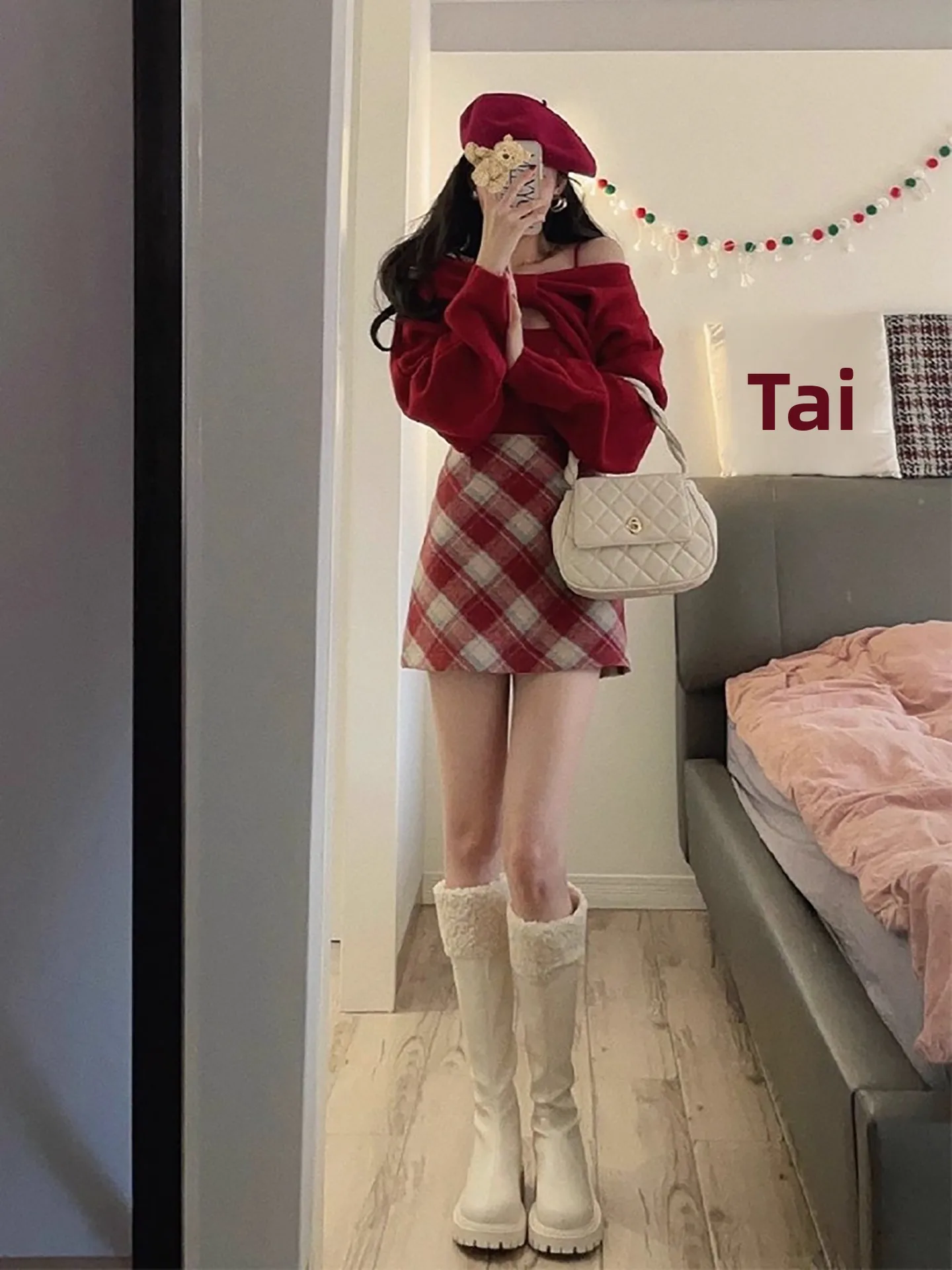 مجموعة أزياء نسائية حمراء للعام الجديد عبر العام، ملابس شتوية متطابقة من Clete، سراويل عالية الخصر، تصميم بعقدة معطف