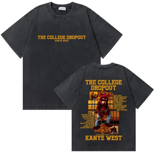 Imagen 1 del producto Camiseta con gráfico de rapero Vintage lavada Kanye West The College Dropout Bear para hombre, camisetas de música Pop de Hip Hop, camisetas de moda