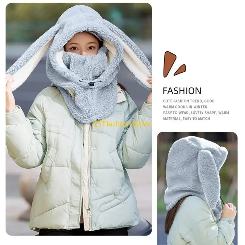 Y5GC Elegant Women Winter Neck Warmer+ Warm Bunny Ear Hat Getaway Headwear