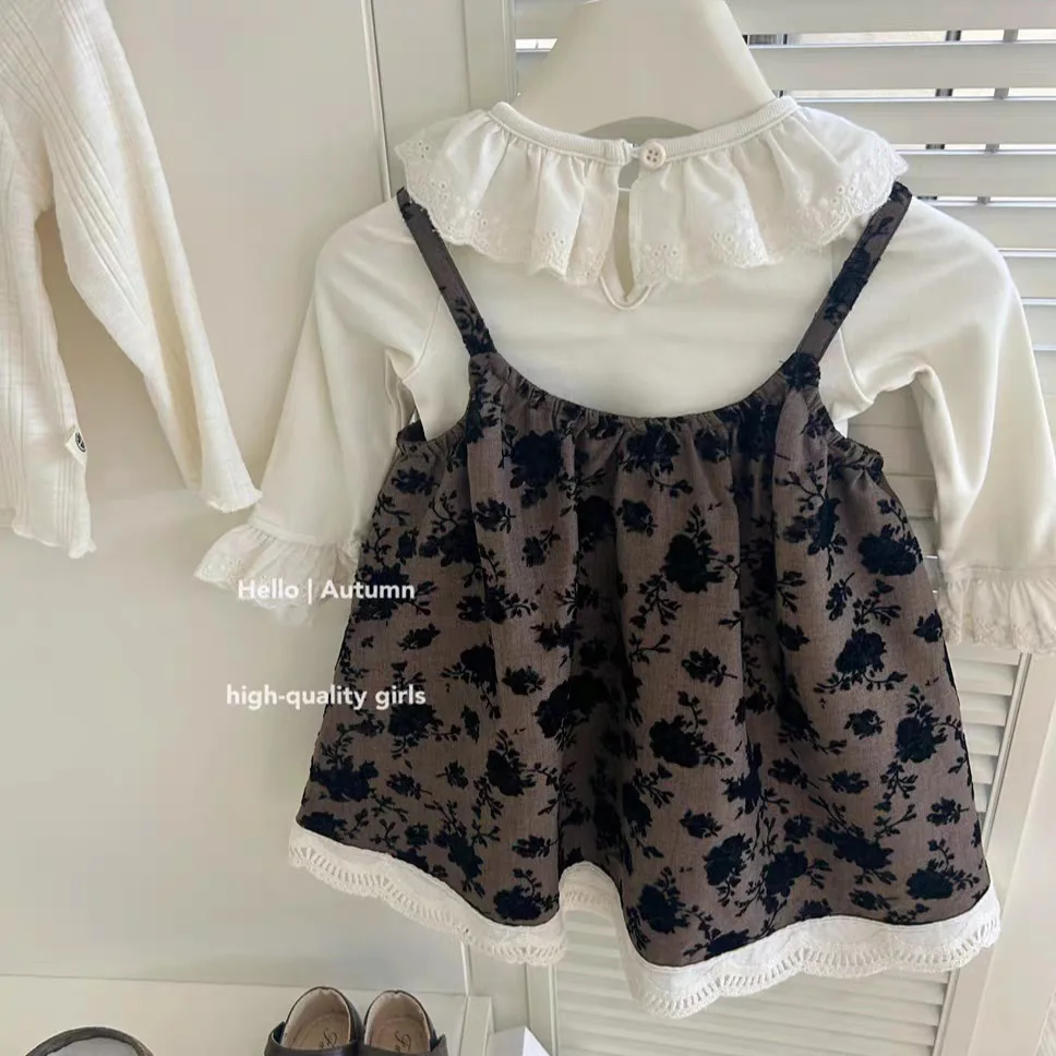 Girls Autumn Retro Rose Dress Lace Collar Long Sleeve Bottom Shirt Baby Girl Spring and Autumn Two-piece Set