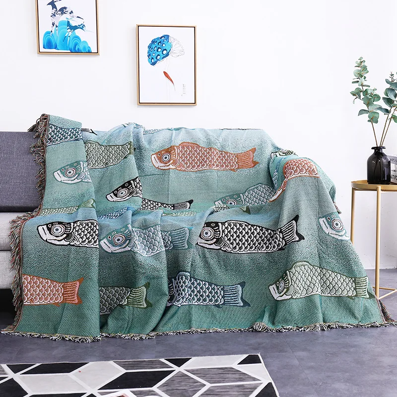 

Double-Sided Home Decor Camping Picnic Mat Cover Koi Fish Throw Blanket Carpet Towels Bohemian Sofa Blanket Soft Bed Sheet