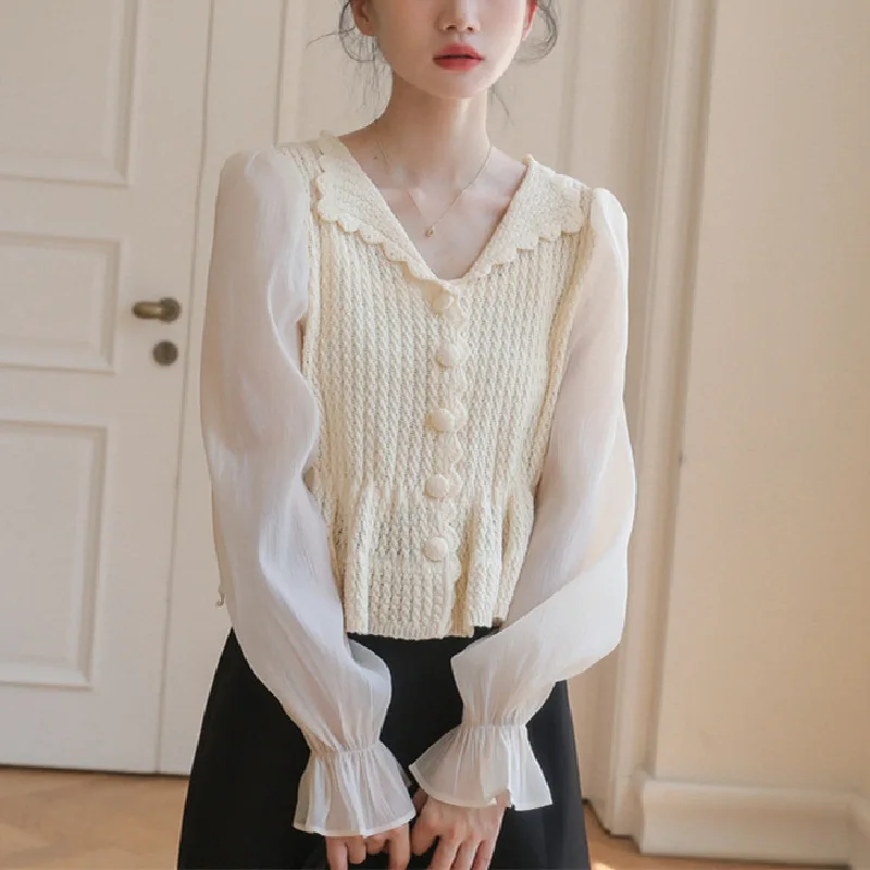 Early Autumn 2024 New Sweet and Lovely Doll Collar Knitted Cardigan Women's Bubble Sleeve Solid Color Sweater Coat