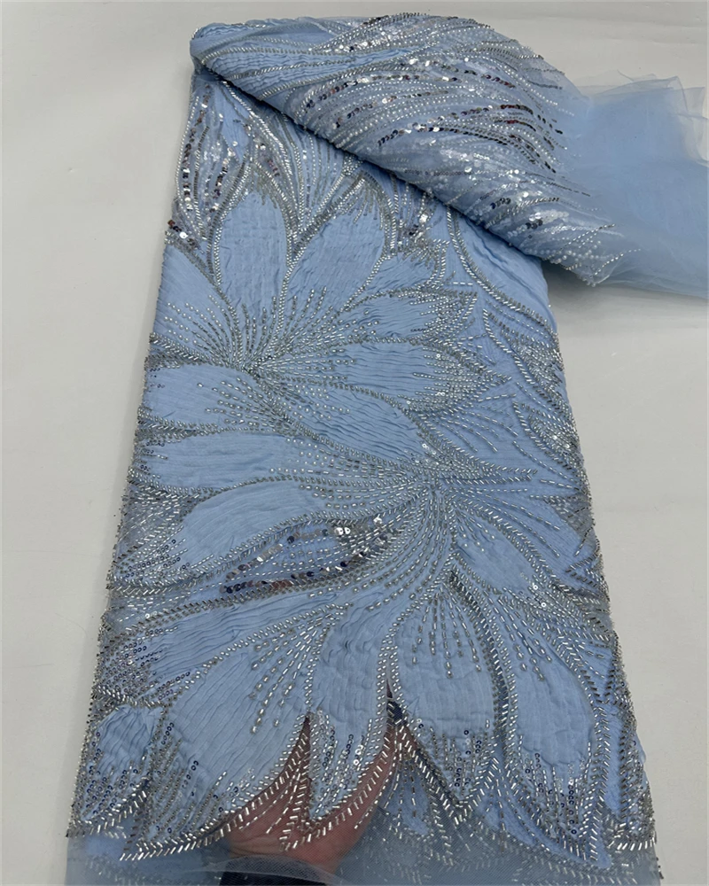 Luxury African Beaded 2025 High Quality Nigerian Sequins With Pearl Lace French Tulle Lace Fabric For Party Dress Sewing