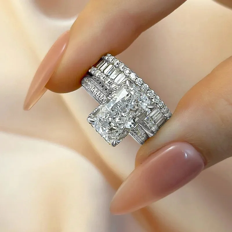 Vintage Lab Diamond Ring Set White Gold Engagement Wedding Band Rings for Women Bridal Party Jewelry Gift