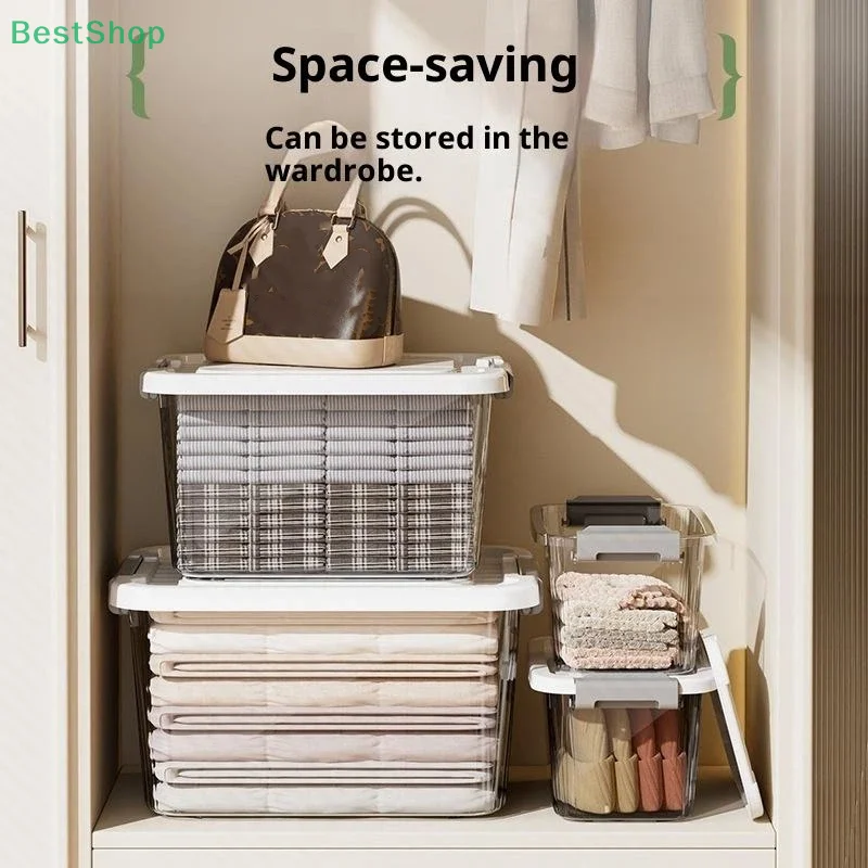 ♥ صندوق تخزين بلاستيكي شفاف مع غطاء صندوق منظم قابل للتكديس، حاوية شفافة للمنزل، تنظيم المطبخ والخزانة