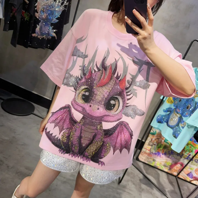 Cartoon Dinosaur Loose Pink Short Sleeve T-shirt Female Summer New Fashion Brand Hot Drilling Shiny Cotton Round Neck T-shirt