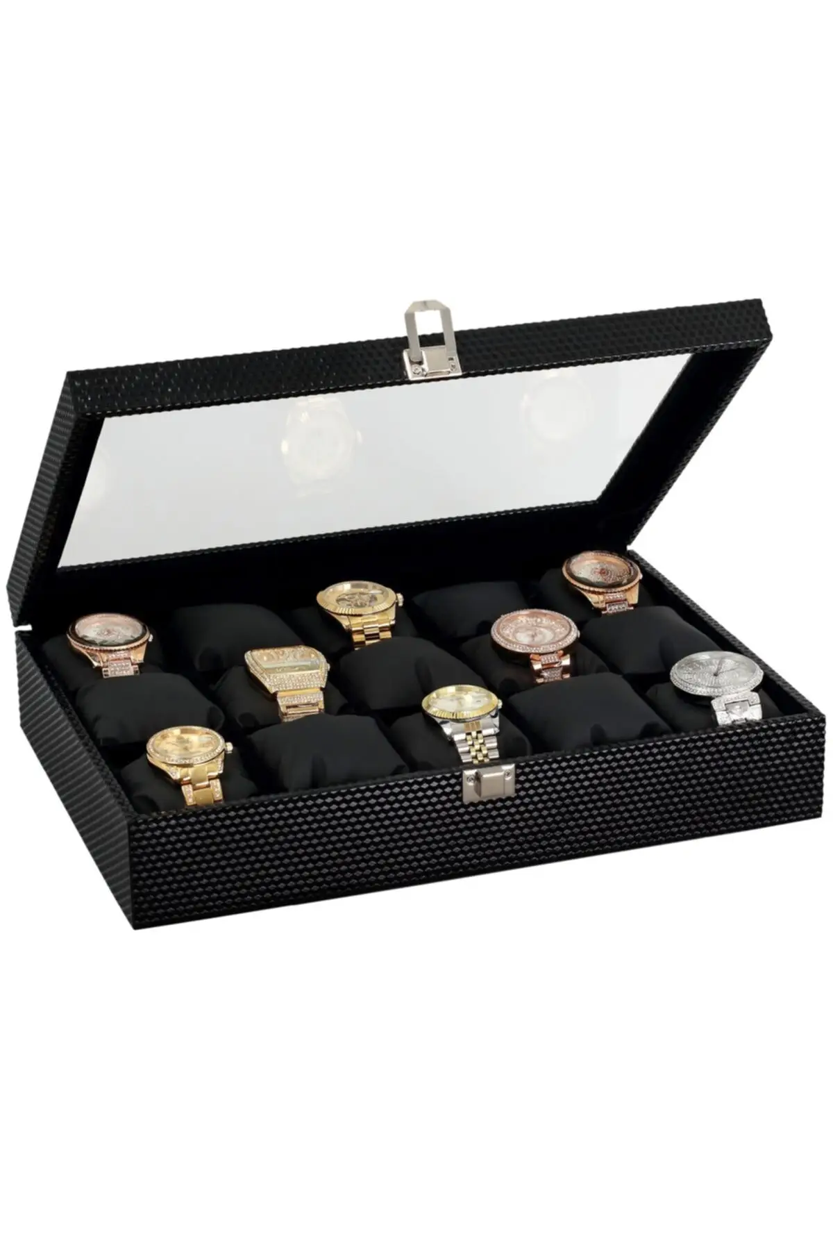 15 and 9 Piece Diamond Black Leather Wooden Glass Watch Box and Jewelry Box Holder Organizer Storage Display Best Gift