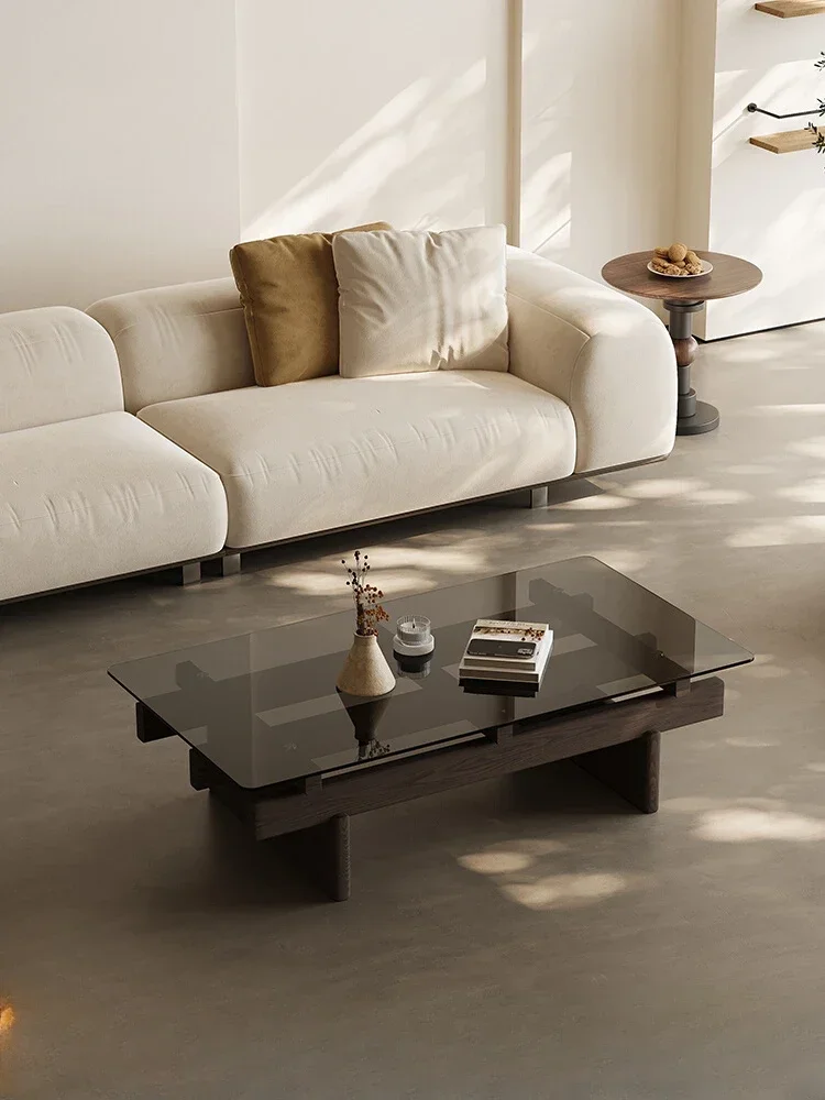 

Living Room Home Black Walnut Color Tempered Glass Designer Creative High-Grade Solid Wood Tea Table