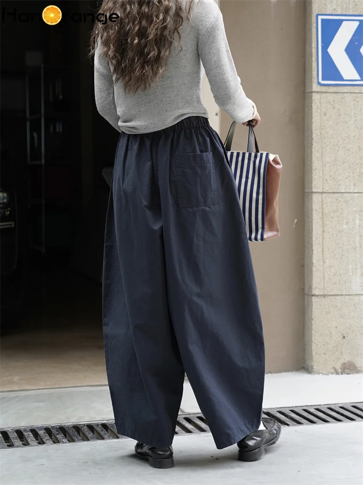 HanOrange 2025 秋 ドローストリング イラスティックウエスト ワイドレッグパンツ レディース ルーズパンツ アプリコット/ダークグリーン/ネイビーブルー/ディープレッド
