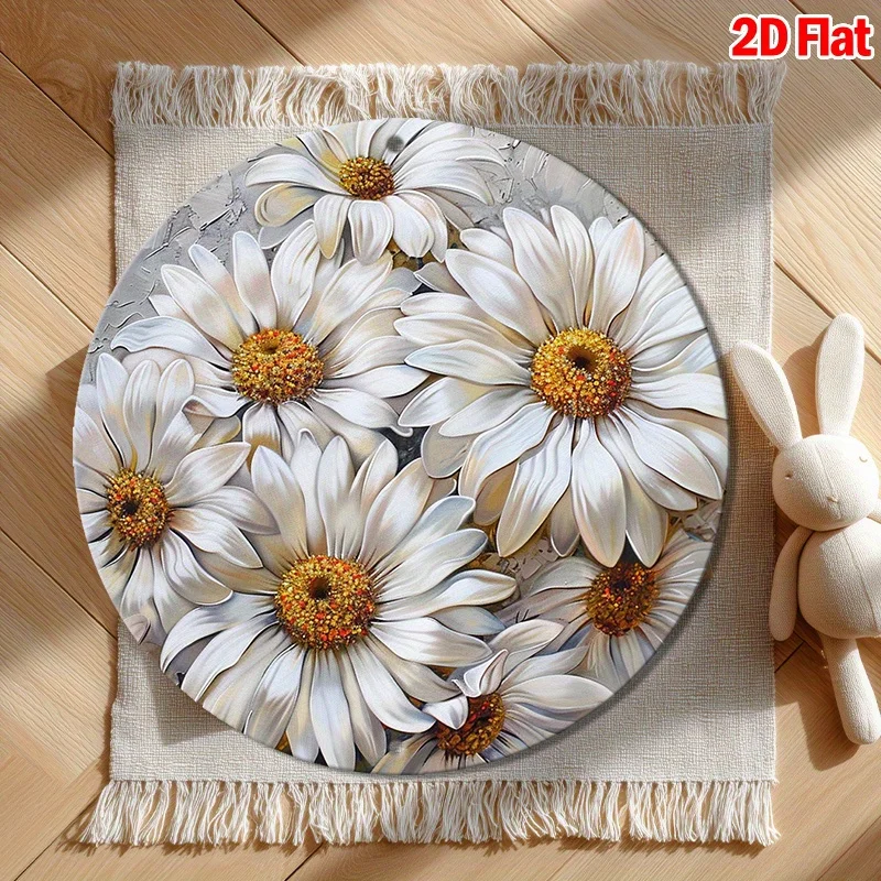 2D Flat, 2D Plane - 1pc 2D Plane Vintage Aluminum Round Sign | Classic Charm White Daisy Flower, Durable Metal Sign Aluminum Foi