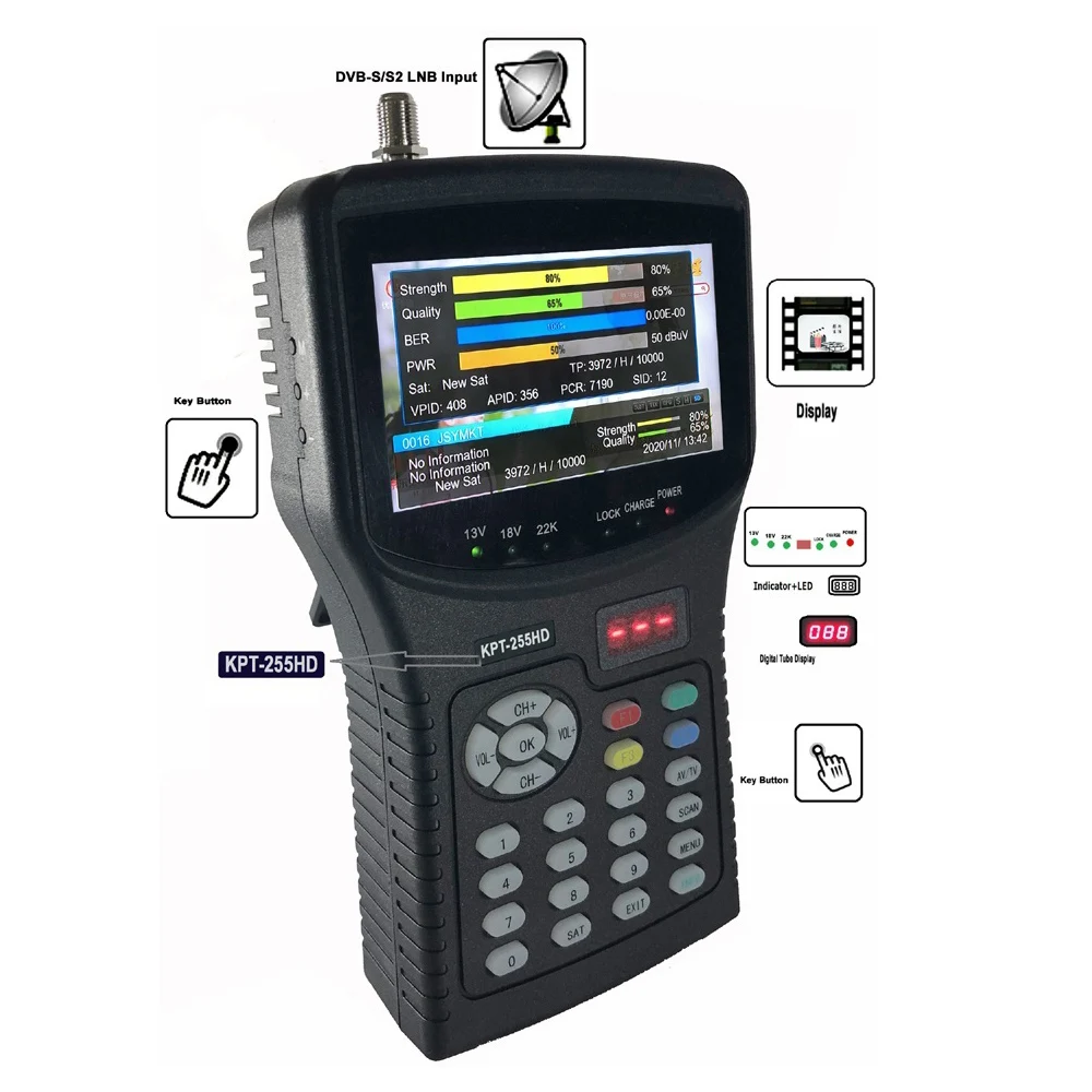 Kpt-955hd Dvb-s2 Satellite Full Digital Satellite Tv Receiver Finder Meter Mpeg-4 Dvb-s2+hevc H2.65 Finder Meter