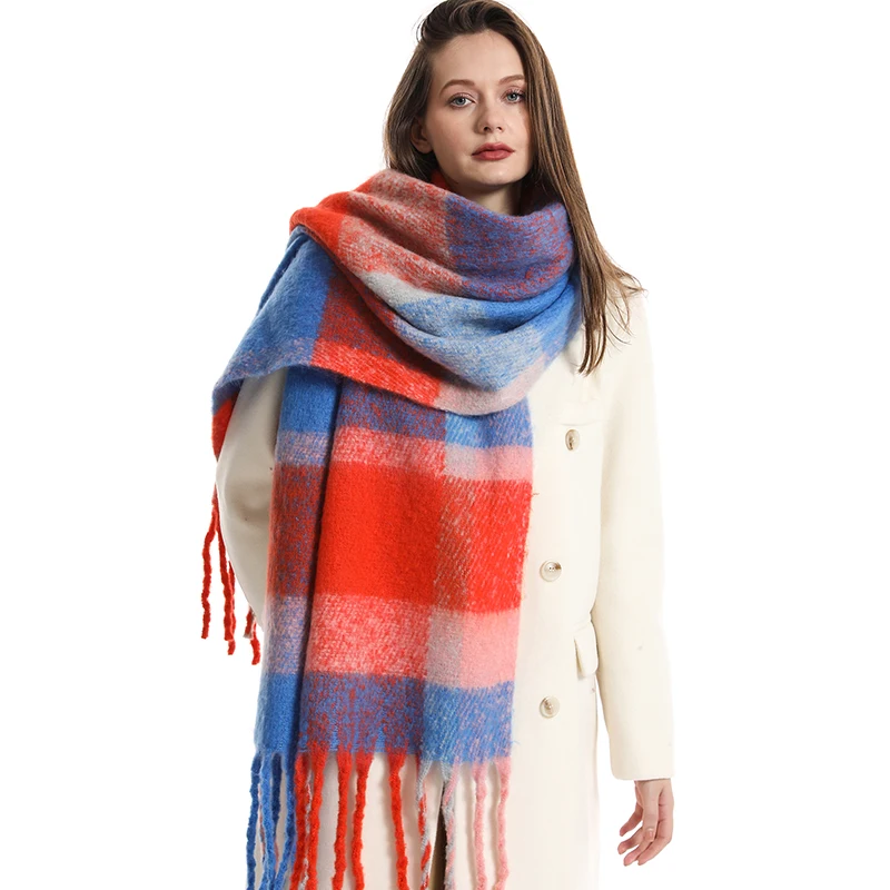 Women Cashmere Thicken Winter Scarf Warm Big Shawl Stripe Plaid Long Blanket Tassel Luxury Brand Fashion Lady Scarves Pashmina