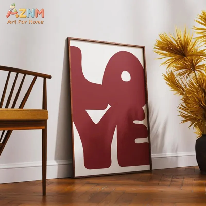 AZNM Burgundy Abstract LOVE Letter Canvas Wall Art Minimalist Block Typography Print Unframed Canvas Modern Bedroom Decor Poster