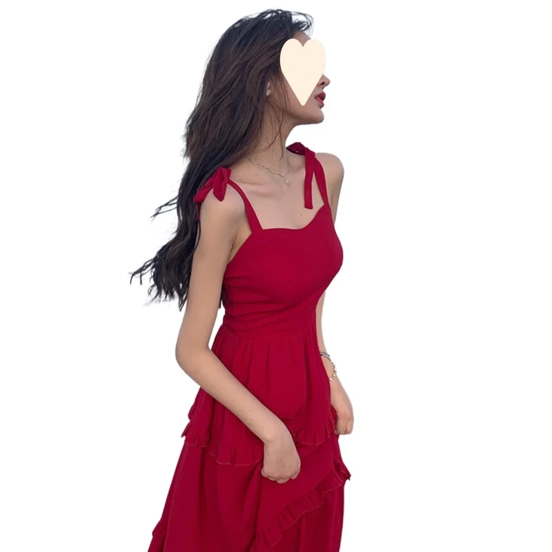 

Red Beach dress 2024 new super fairy long midlength beach holiday sling dress children summer