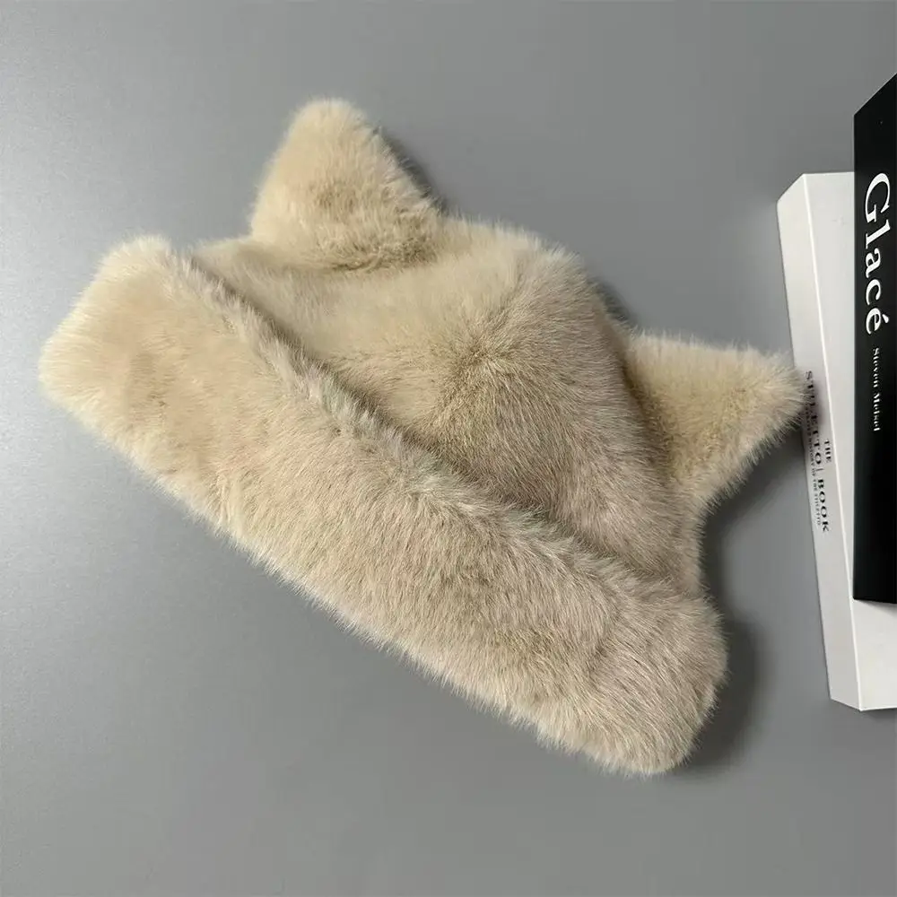 Fashion Warm Winter Hat Thicken Cute Ears Fluffy Fur Bucket Hat Soft Snowy Day Fisherman Hat Chrismas Gifts