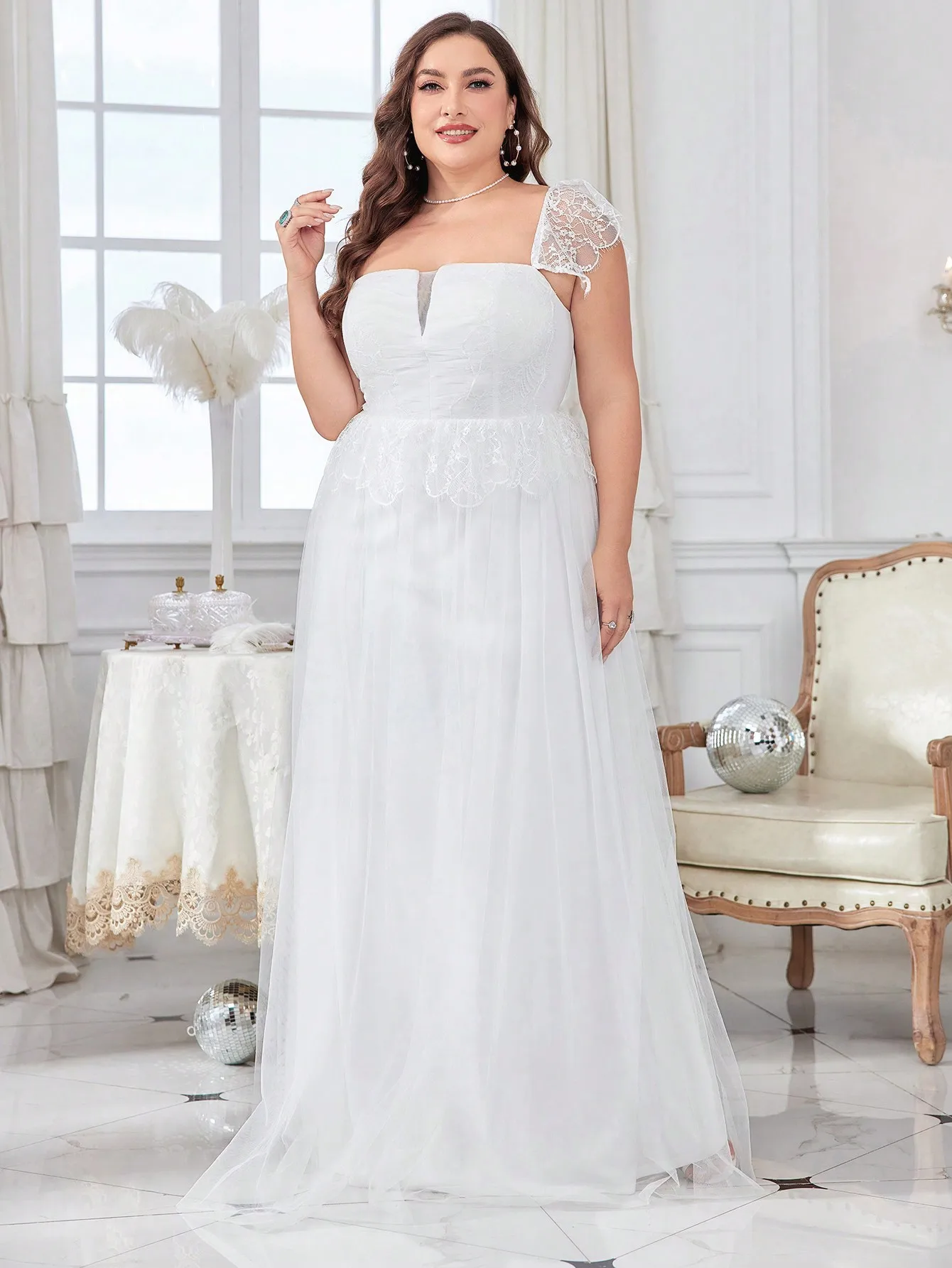 

Mgiacyv-neck one-shoulder lace patchwork mesh A-line wedding dress