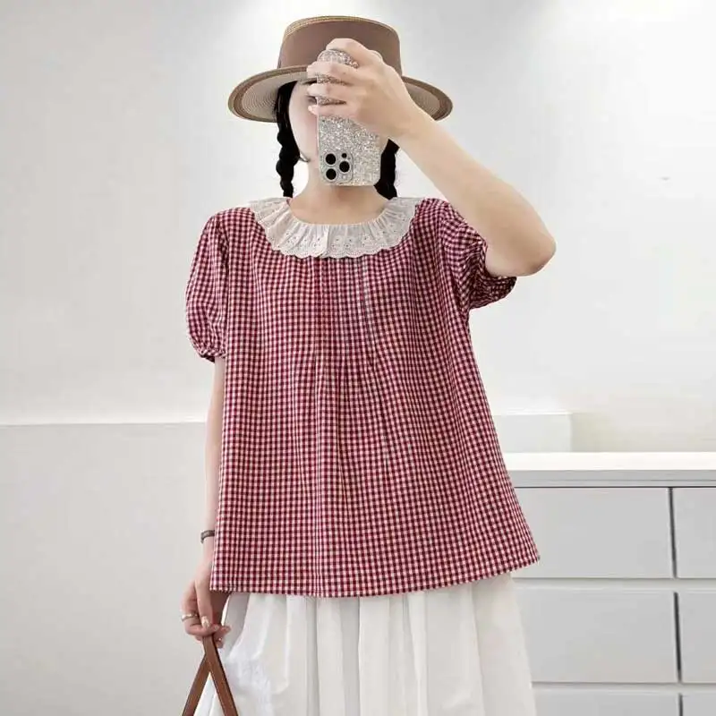 

Japanese Vintage Mori Girl Lace Round Collar Plaid Pullover Shirts Women Summer Short Sleeve Casual Loose Blouse Tops