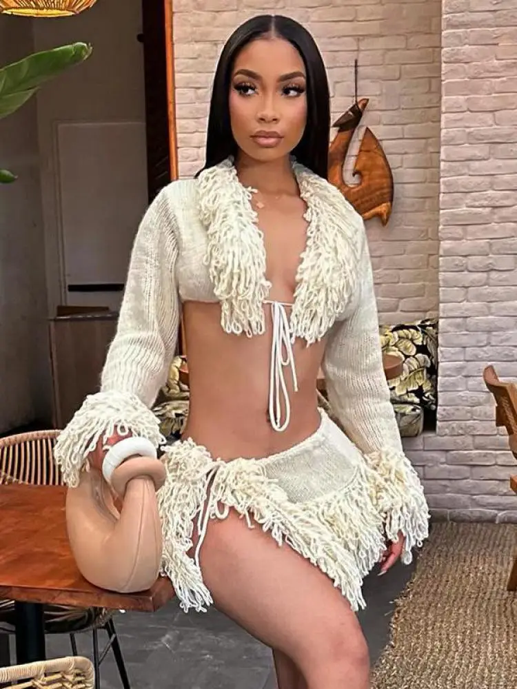 

Сексуальное вязаное платье с кисточками из двух предметов, женские кардиганы с длинными рукавами, свитер, топы, мини-юбка с разрезом, праздничная одежда, новая зима