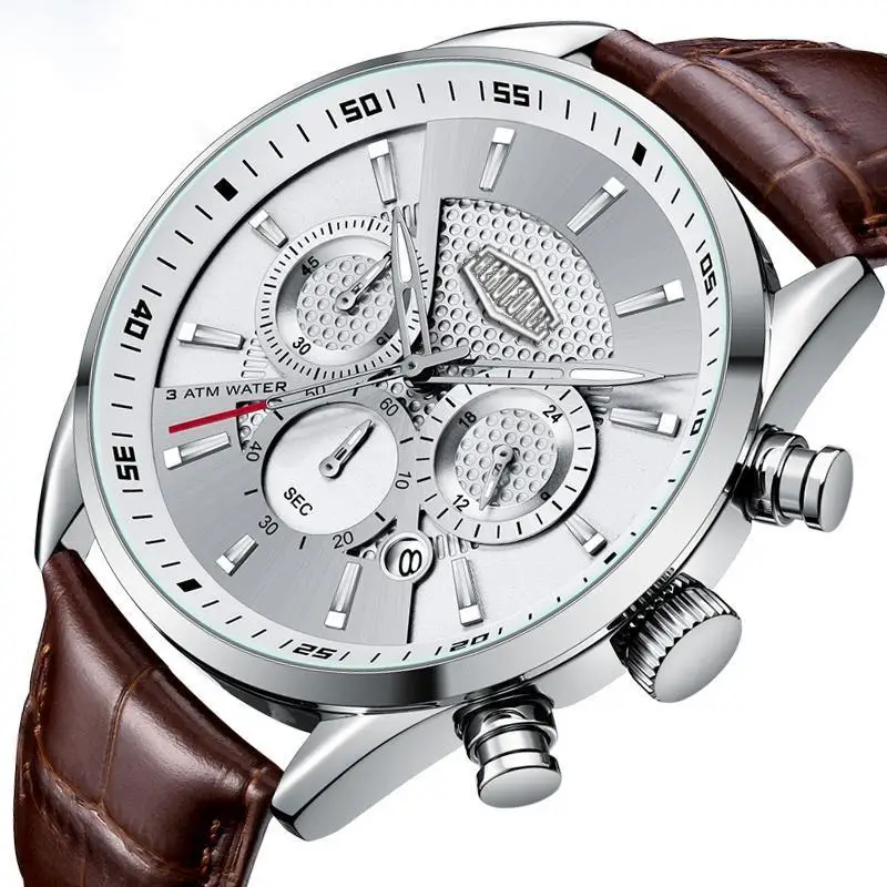HEROFORCE Silver Chronograph Watch for Men, Genuine Cowhide Leather Band, Multi-Function Chronograph Men's Watch, Luminous Dial with Date Window
