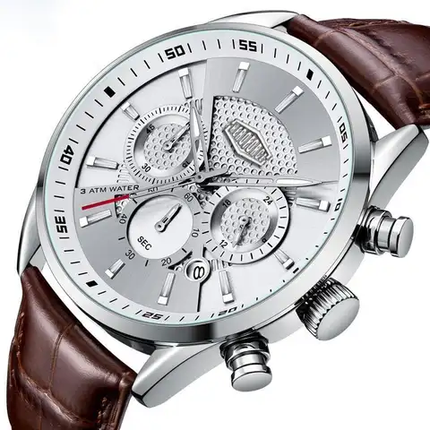 HEROFORCE Silver Chronograph Watch for Men, Genuine Cowhide Leather Band, Multi-Function Chronograph Men's Watch, Luminous Dial with Date Window