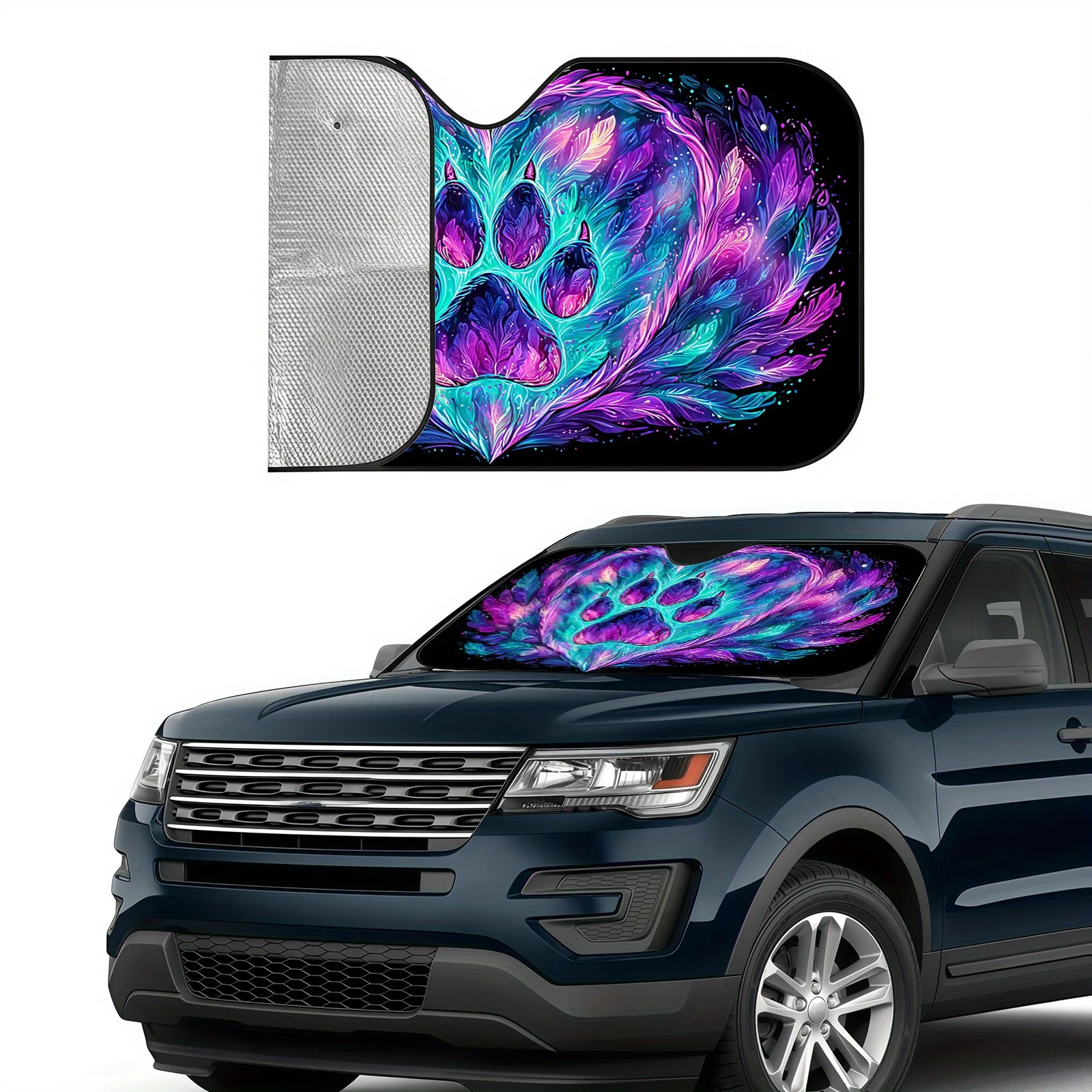 Dazzling Paw Print Car Sunshade, Feather Heart-Surrounded Paw Print Pattern, Heat Insulation And Sun Protection To Keep The Car
