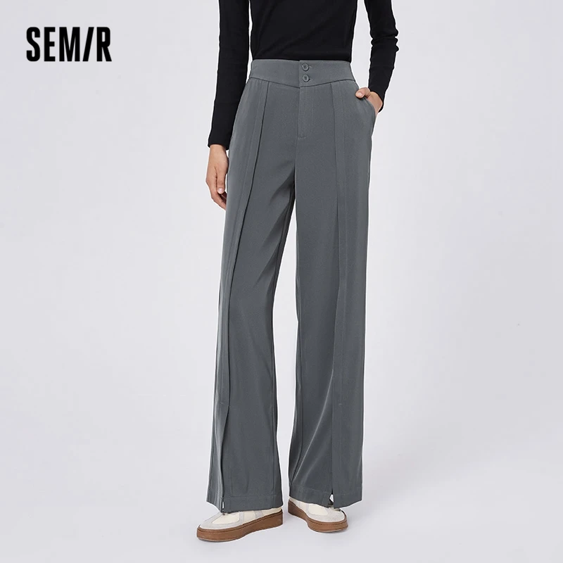 Semir 2023 Women Pants Spring New Wide-leg Pants Commuting Solid Color Slit Trousers Easy-care Casual Pants for Women